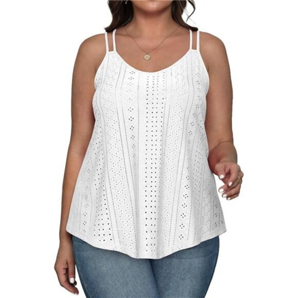 Women's Spaghetti Strap Camisole Tank Top Eyelet Embroidery Scoop Neck - Picture 3 of 6